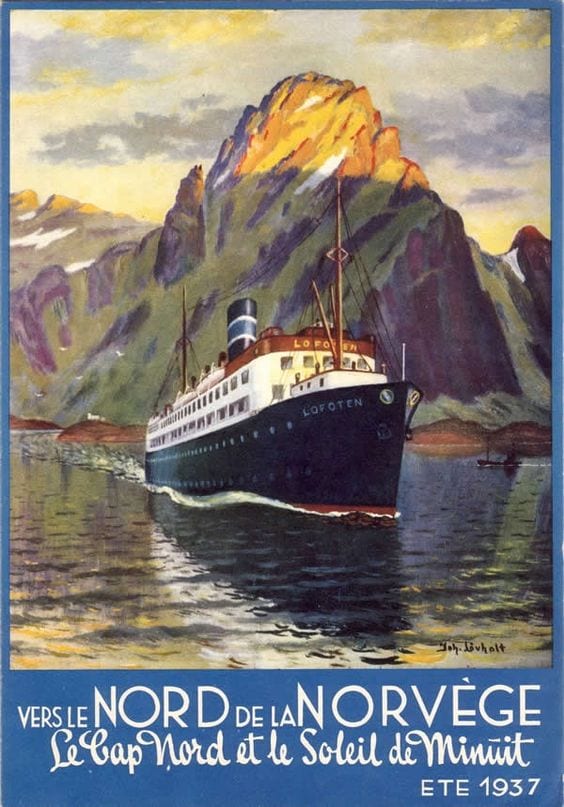 ancienne affiche publicitaire du MS Lofoten, le deuxième plus vieux navire de la compagnie a être encore en service ! 