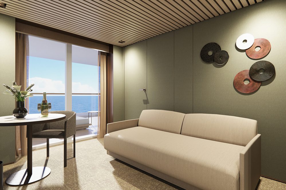 Le salon de la suite "The Haven Suite" avec grand balcon