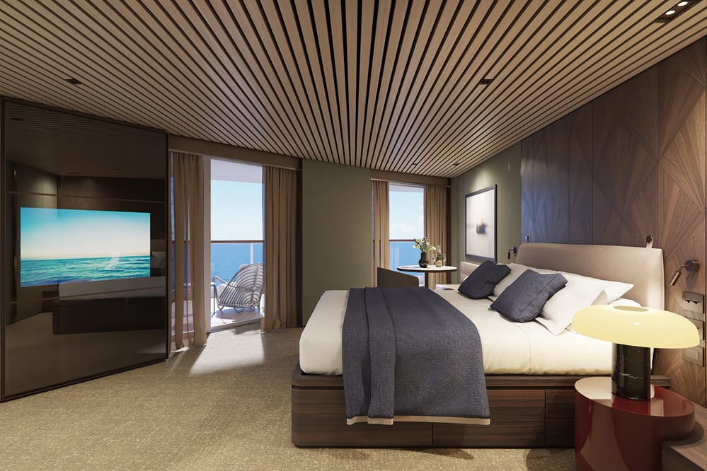 La chambre à coucher de la suite "The Haven Suite" avec grand balcon