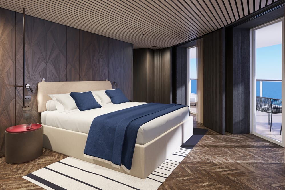 La chambre à coucher principale de la suite "The Haven Suite" avec grand balcon.
